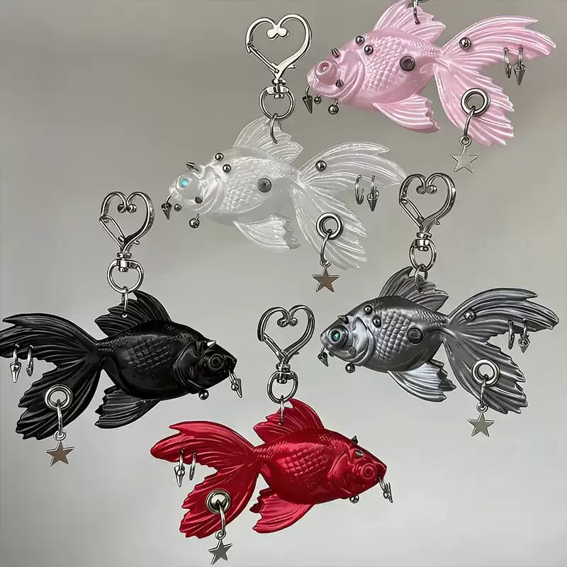 3D Printed Gothic Goldfish Keychain | Punk Spike & Star Bag Charm
