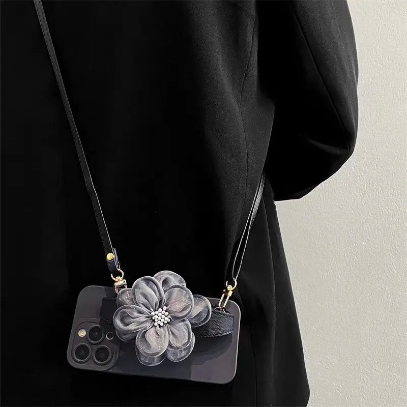 Black Mesh Flower  Crossbody Phone Case – Elegant Strap Phone Bag for Women
