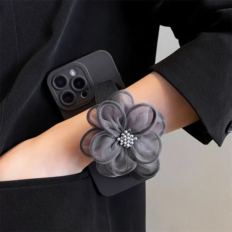 Black Mesh Flower  Crossbody Phone Case – Elegant Strap Phone Bag for Women