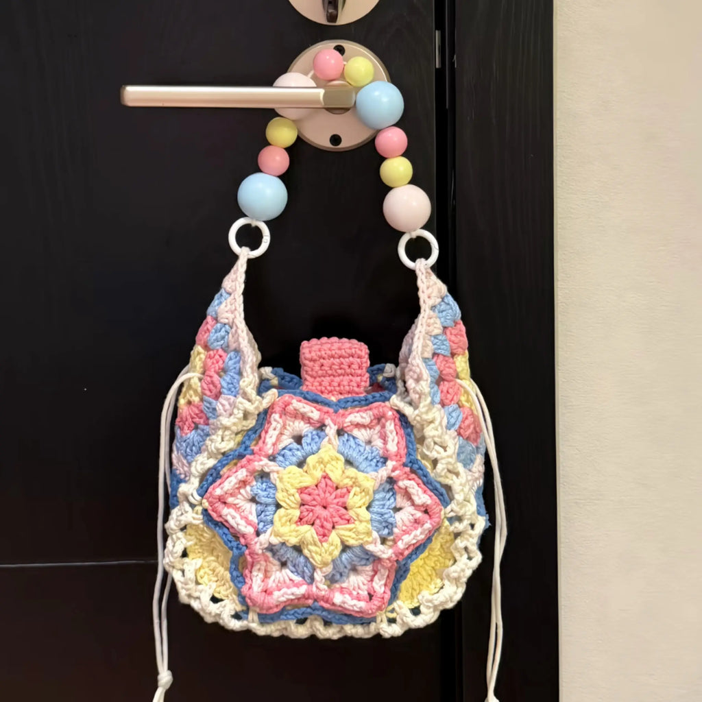 Boho Hand‑Crocheted Hexagram   | Pastel Beaded Crossbody Pouch