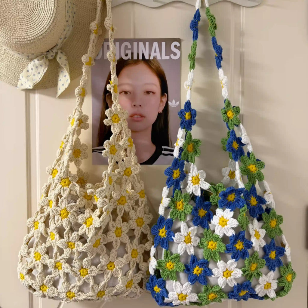 Boho Hand Crocheted Daisy Mesh Beach Tote Bag | Summer Floral Woven Shoulder Bag