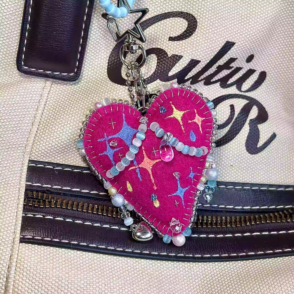 Handmade Starry Heart Felt Charm, Cute Beaded Keychain for Bags