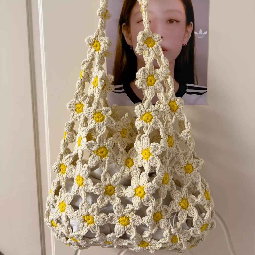 Boho Hand Crocheted Daisy Mesh Beach Tote Bag | Summer Floral Woven Shoulder Bag