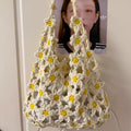 Boho Hand Crocheted Daisy Mesh Beach Tote Bag | Summer Floral Woven Shoulder Bag