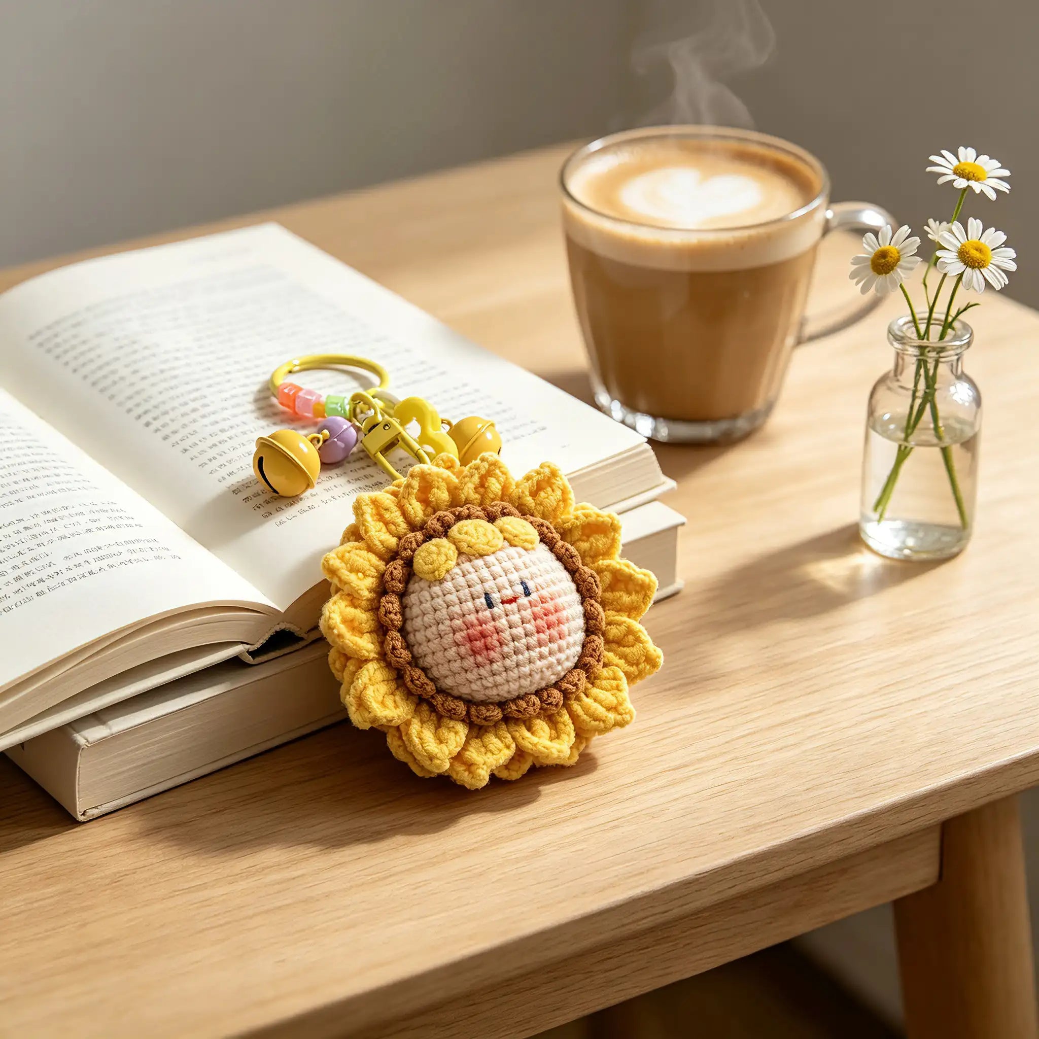 Handmade Crochet Sunflower Keychain, Kawaii Knitted Bag Charm, Unique Sweet Gift for Her