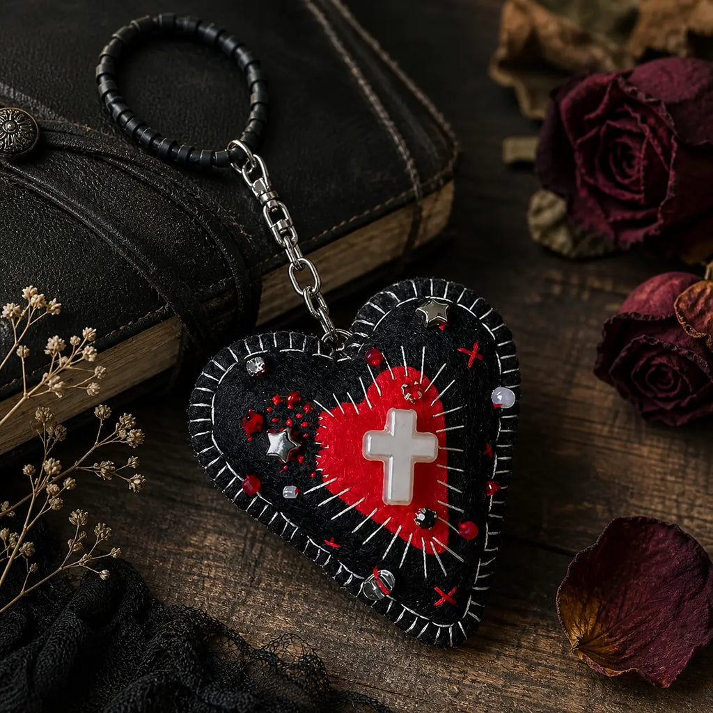 Handmade Gothic Dark Heart Pendant | Unique Felt Keychain & Bag Charm