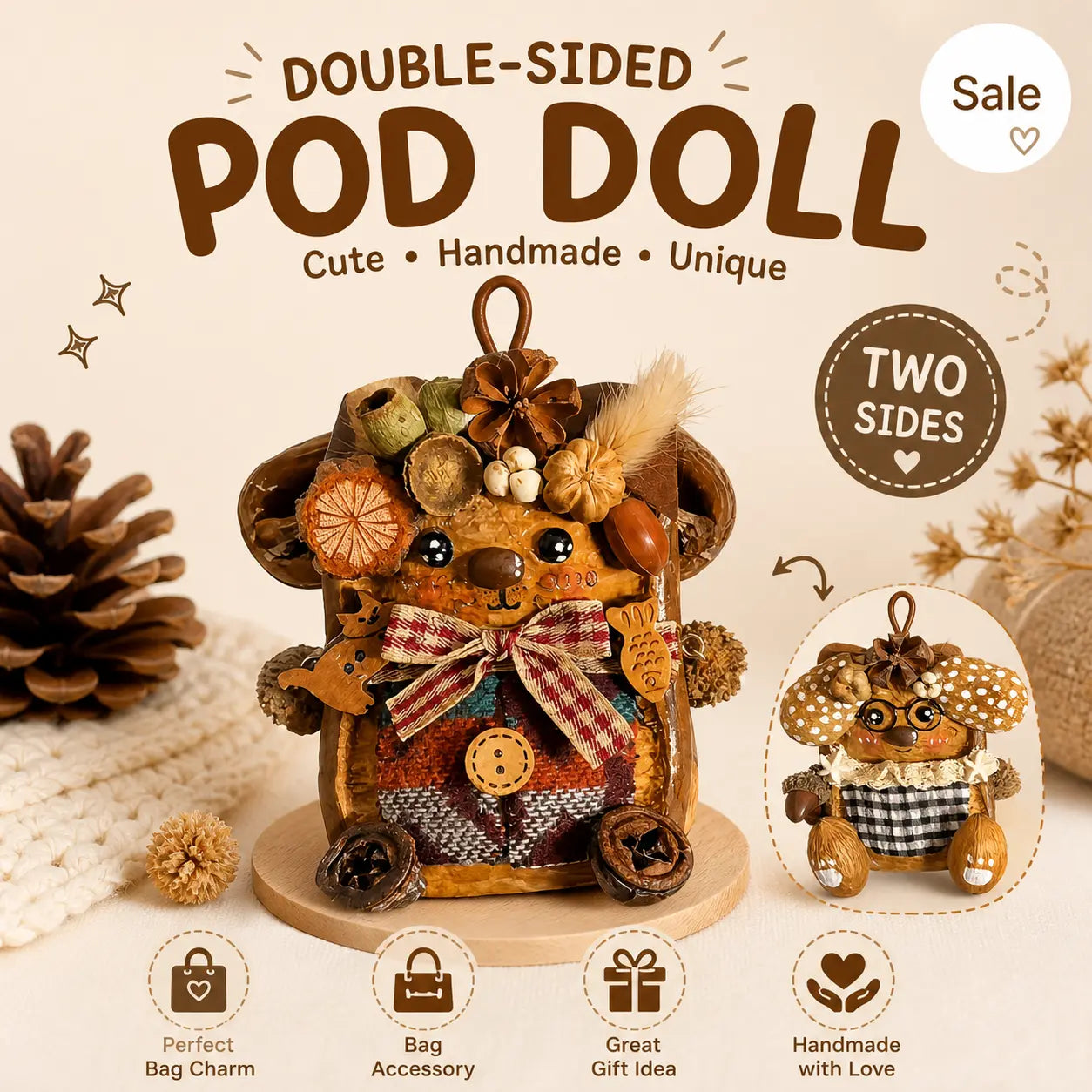 Handmade Double-Sided Pod Doll Keychain | Unique & Whimsica gift