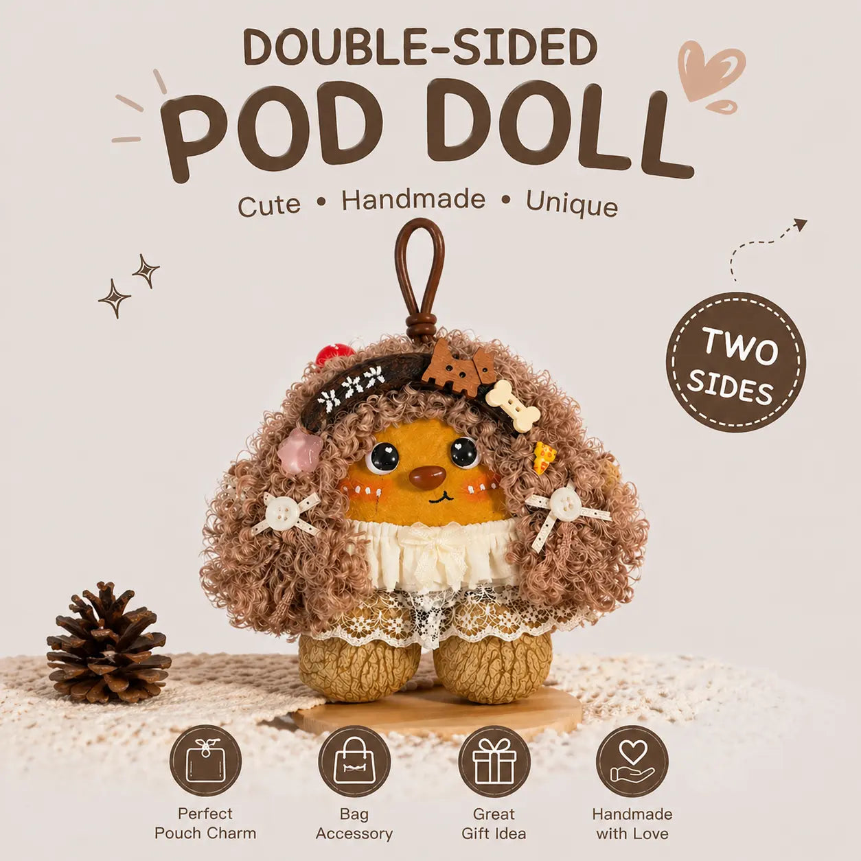 Handmade Double-Sided Pod Doll – Cute Bag Charm & Keychain
