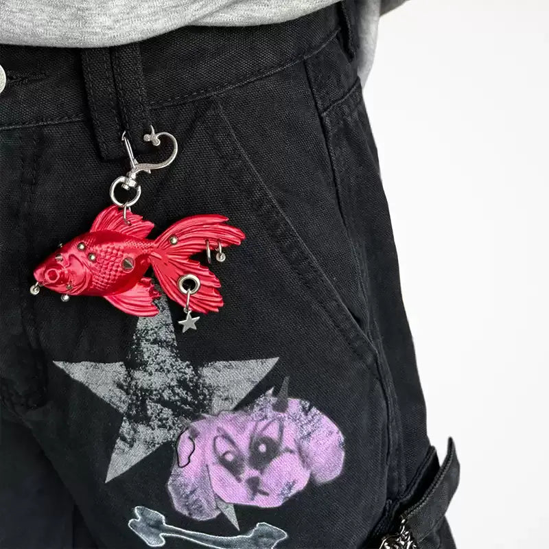 3D Printed Gothic Goldfish Keychain | Punk Spike & Star Bag Charm