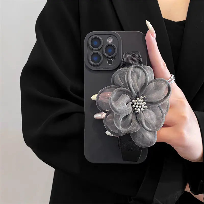 Black Mesh Flower  Crossbody Phone Case – Elegant Strap Phone Bag for Women