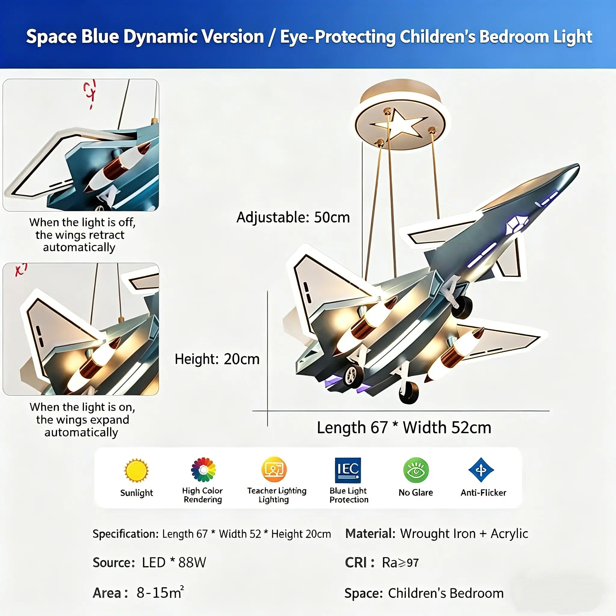 Kids Fighter Jet LED Ceiling Light  Stretchable Wings | Perfect Gift for Kids & Home