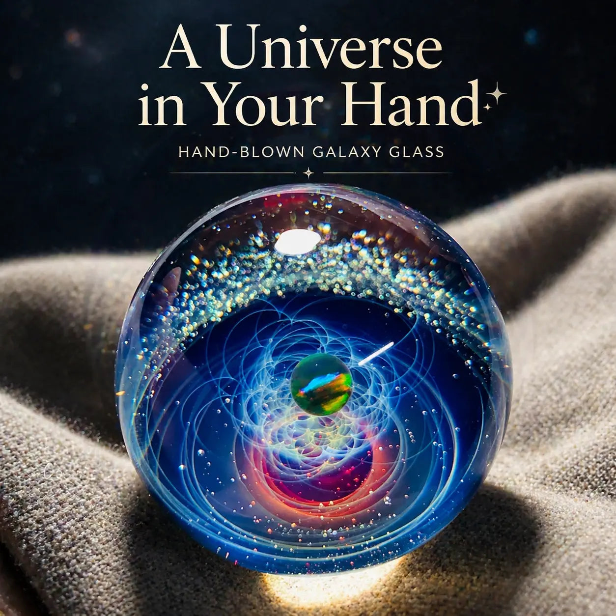 Galaxy Glass Sphere – Hand-Blown Cosmic Art Orb, Handmade Universe Design