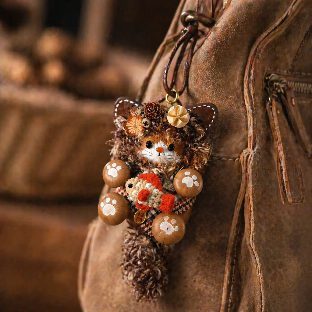 Handmade Bean Pod Cat Doll Keychain – Cute Fuzzy Bag Charm