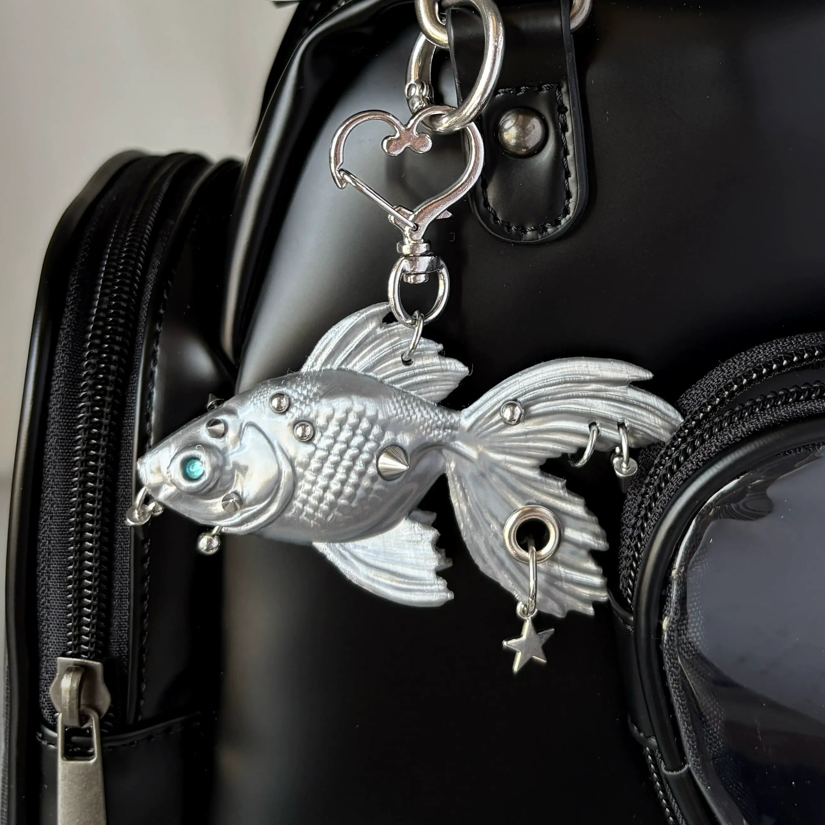 3D Printed Gothic Goldfish Keychain | Punk Spike & Star Bag Charm