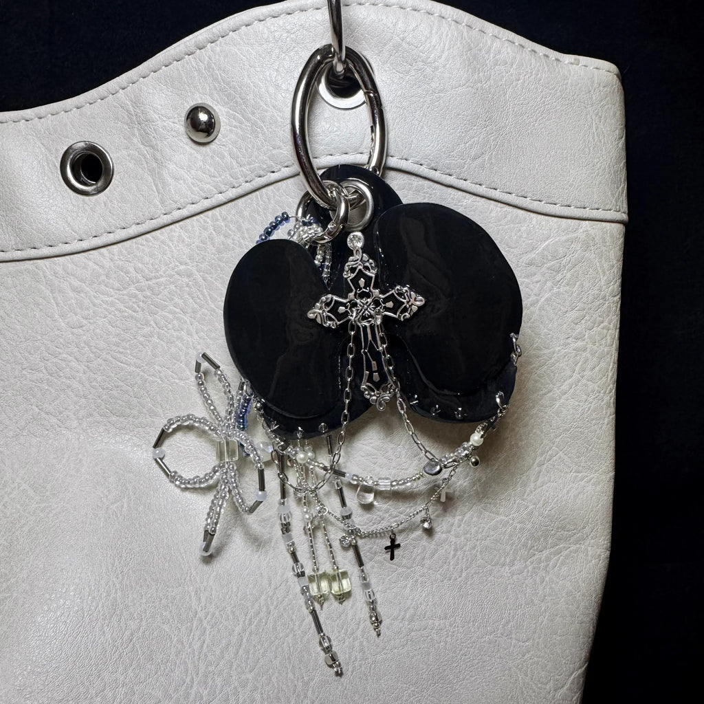 Gothic Cross Bow Bag Charm | Polyester Keychain Pendant