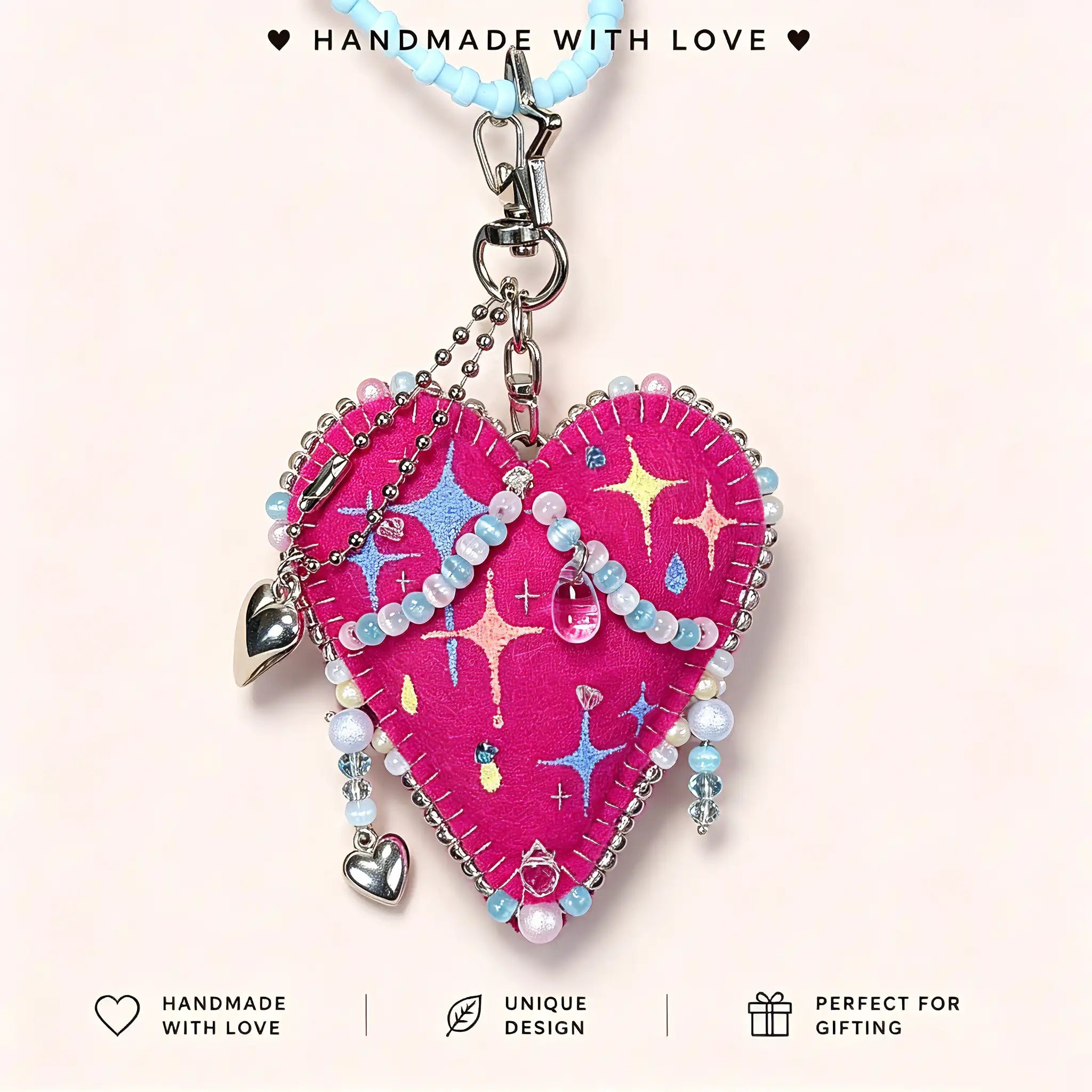 Handmade Starry Heart Felt Charm, Cute Beaded Keychain for Bags