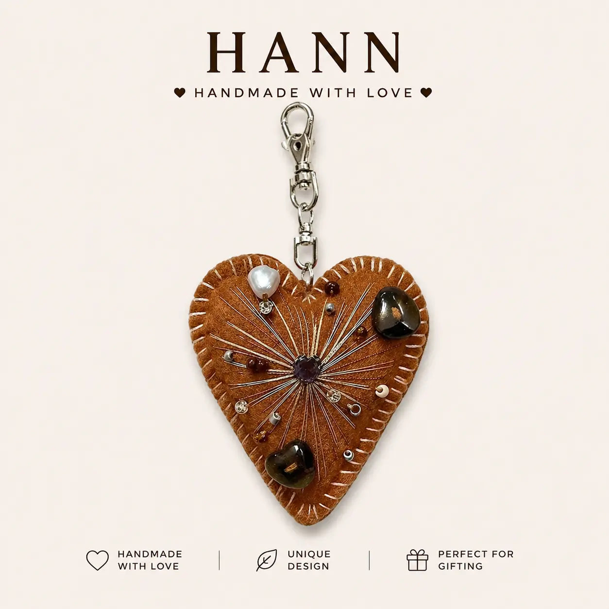 Handmade Brown Felt Heart Keychain | Boho Beaded Bag Charm