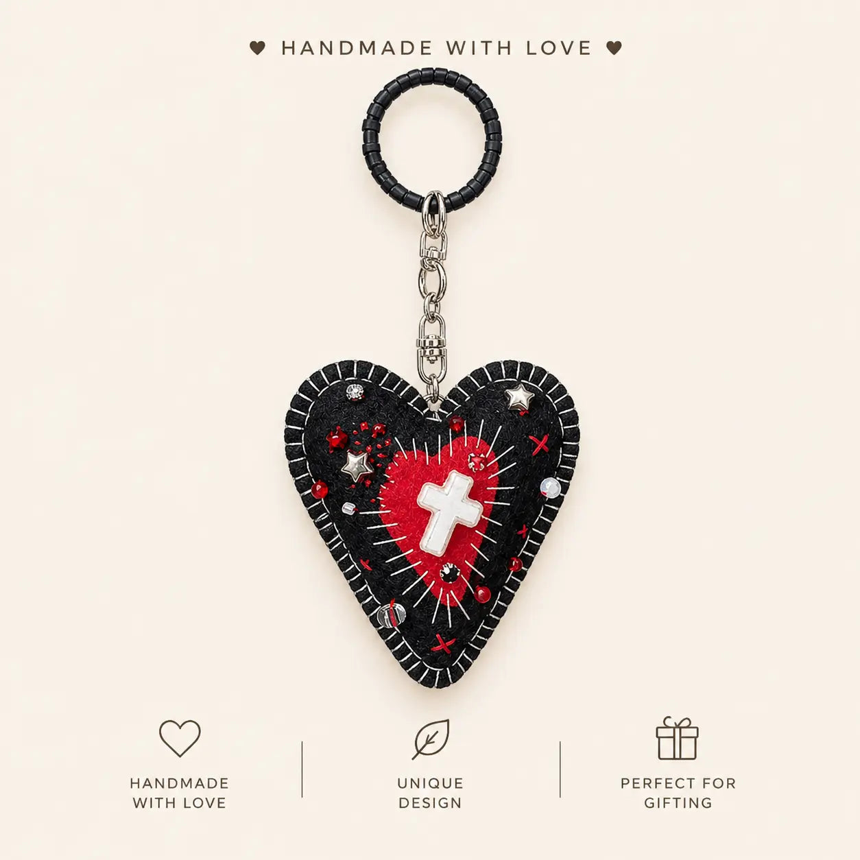 Handmade Gothic Dark Heart Pendant | Unique Felt Keychain & Bag Charm