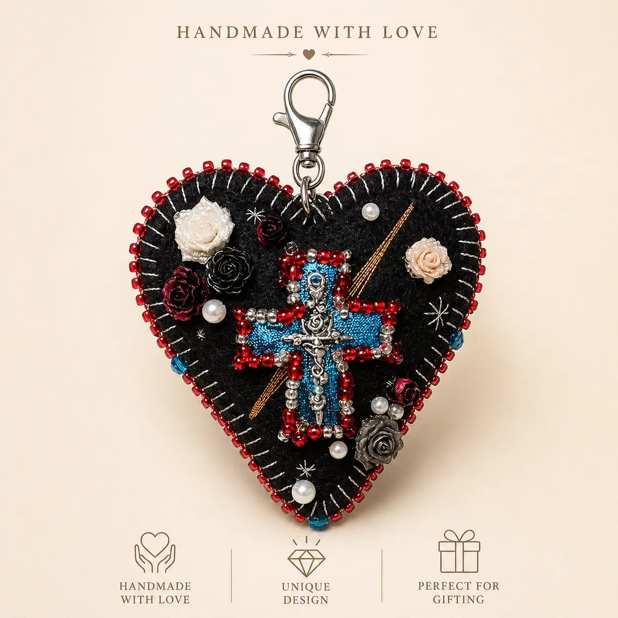 Handmade Dark Night Rose Heart Charm | Unique Felt Pendant for Bag & Gift