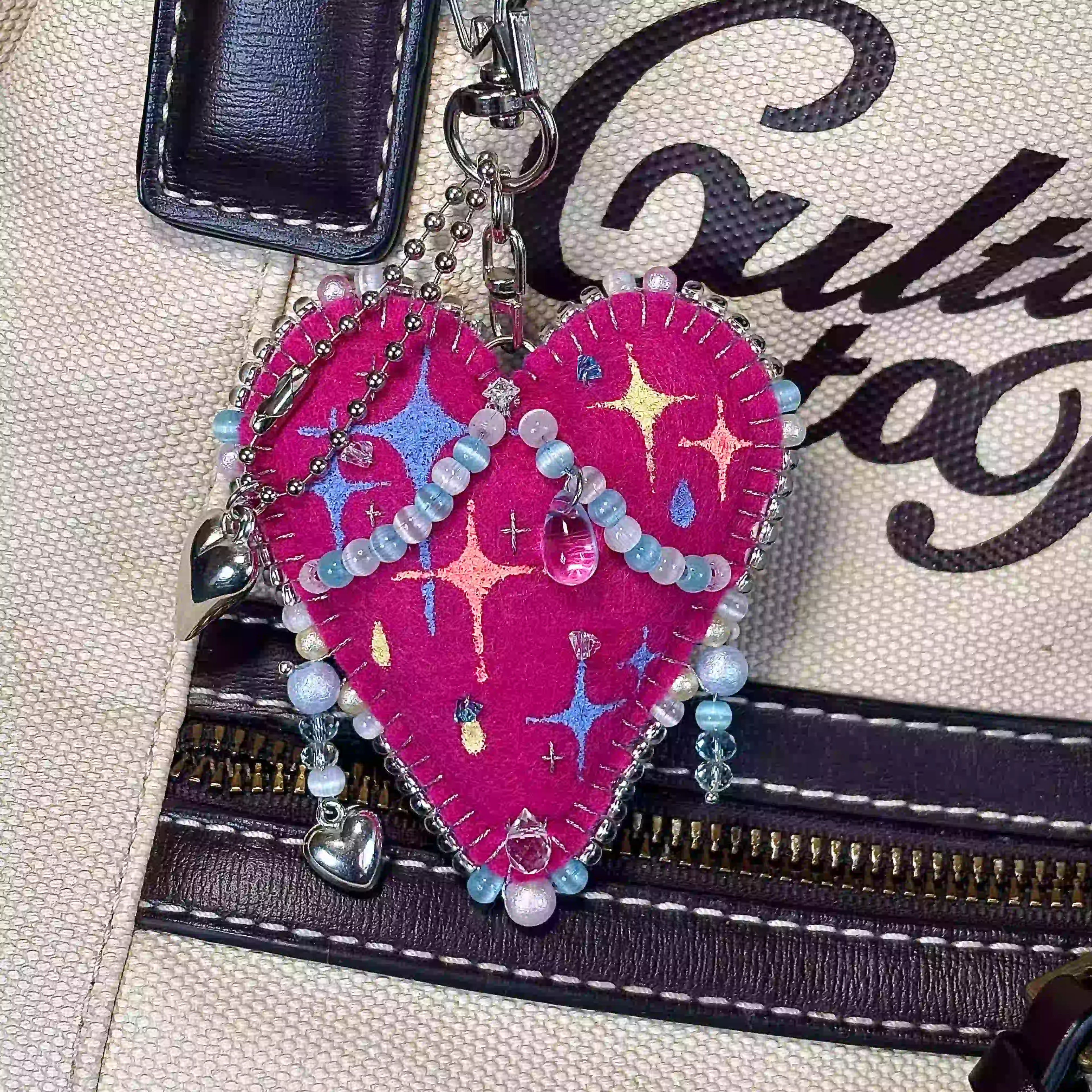 Handmade Starry Heart Felt Charm, Cute Beaded Keychain for Bags