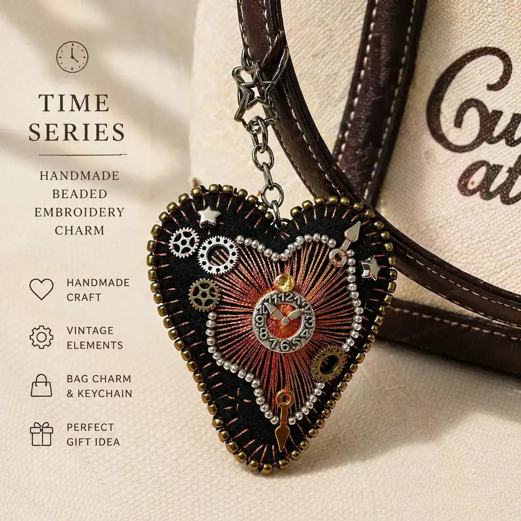 Handmade Beaded Heart Bag Charm | Vintage Time-Inspired Embroidery Keychain, Unique Gift Accessory hann
