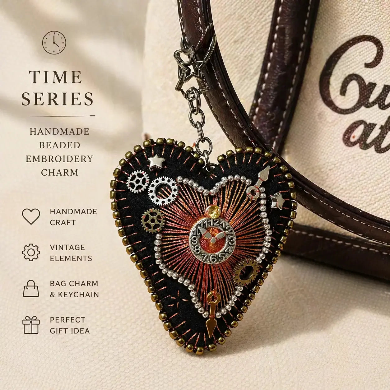Handmade Beaded Heart Bag Charm | Vintage Time-Inspired Embroidery Keychain, Unique Gift Accessory hann