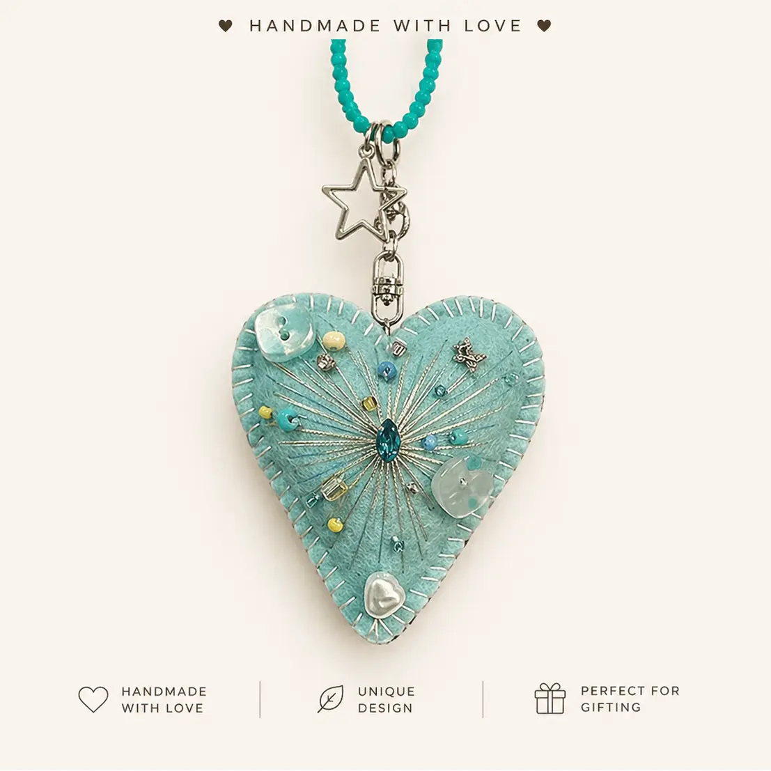 Handmade Turquoise Felt Heart Keychain | Whimsical Beaded Bag Charm
