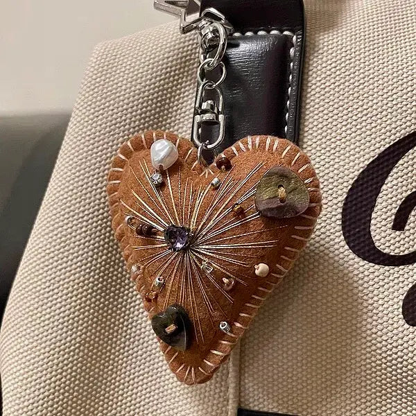 Handmade Brown Felt Heart Keychain | Boho Beaded Bag Charm