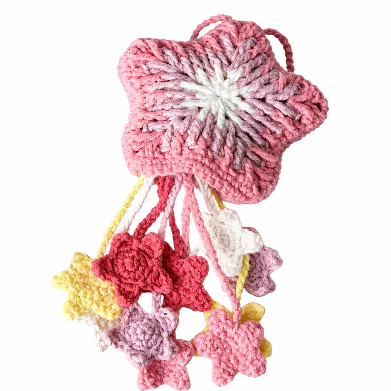 Handmade Crochet Flower Ornament – Bag Charm, Keychain & Cup Sleeve, Unique Handmade Gift