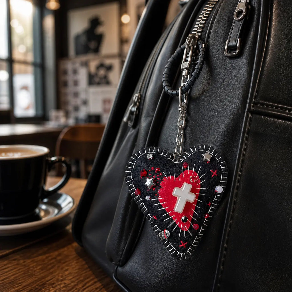 Handmade Gothic Dark Heart Pendant | Unique Felt Keychain & Bag Charm