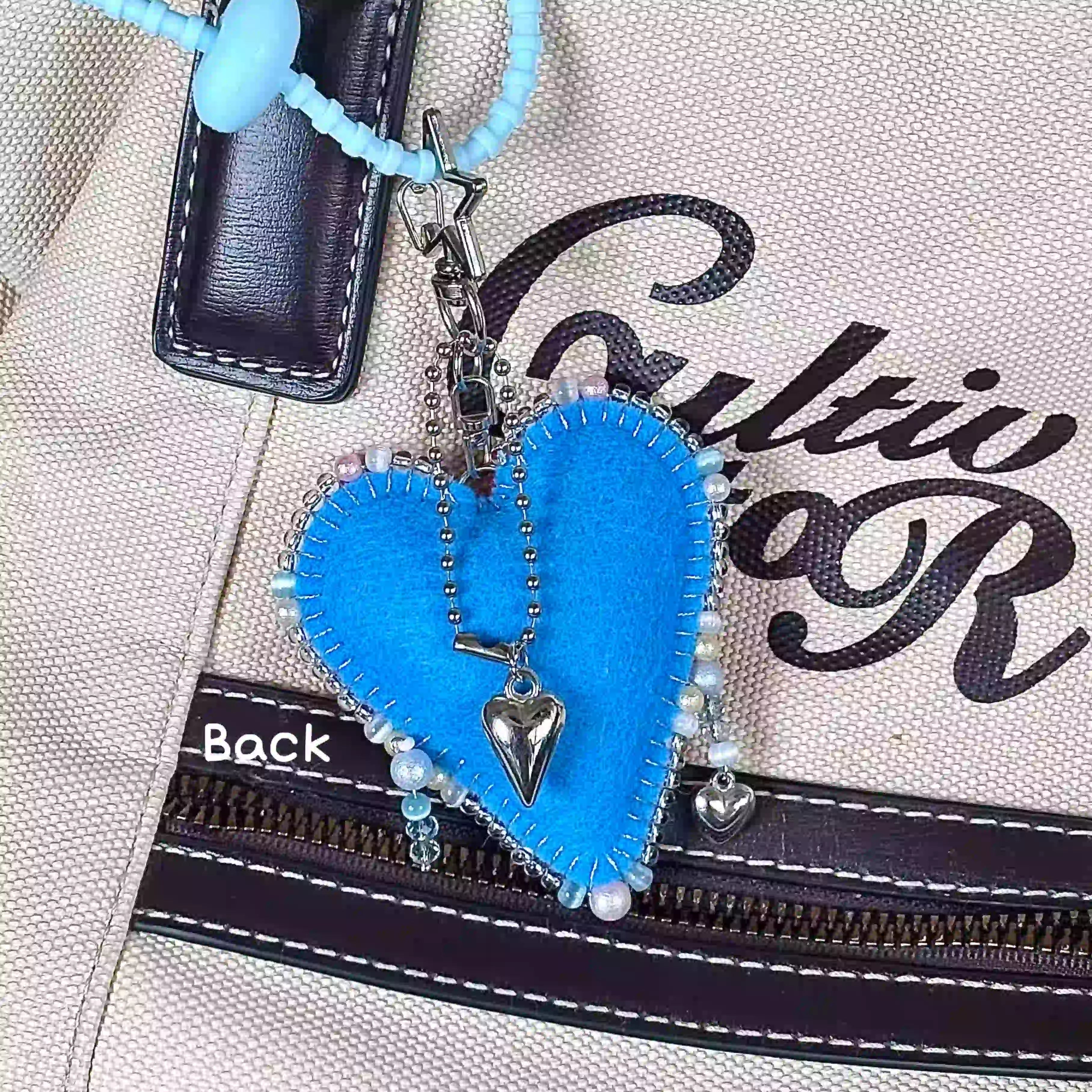 Handmade Starry Heart Felt Charm, Cute Beaded Keychain for Bags