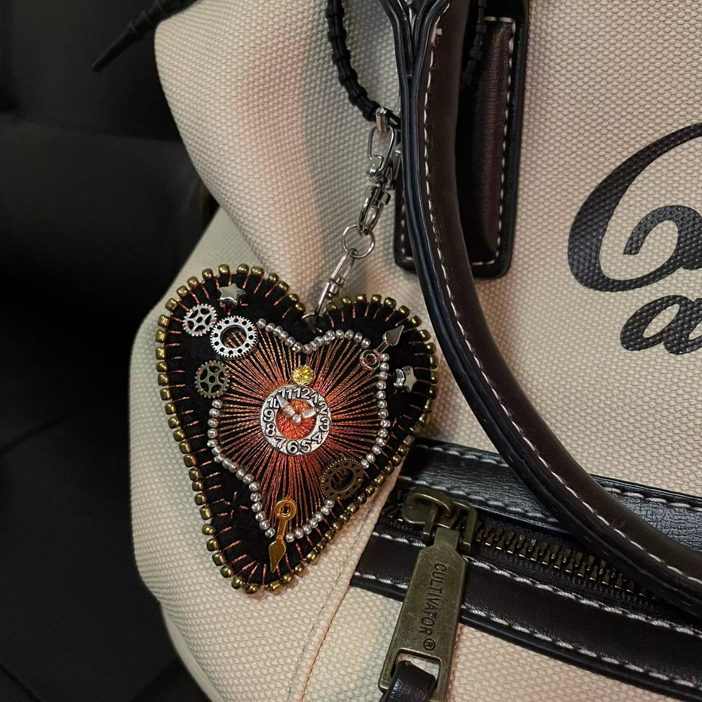 Handmade Beaded Heart Bag Charm | Vintage Time-Inspired Embroidery Keychain, Unique Gift Accessory hann