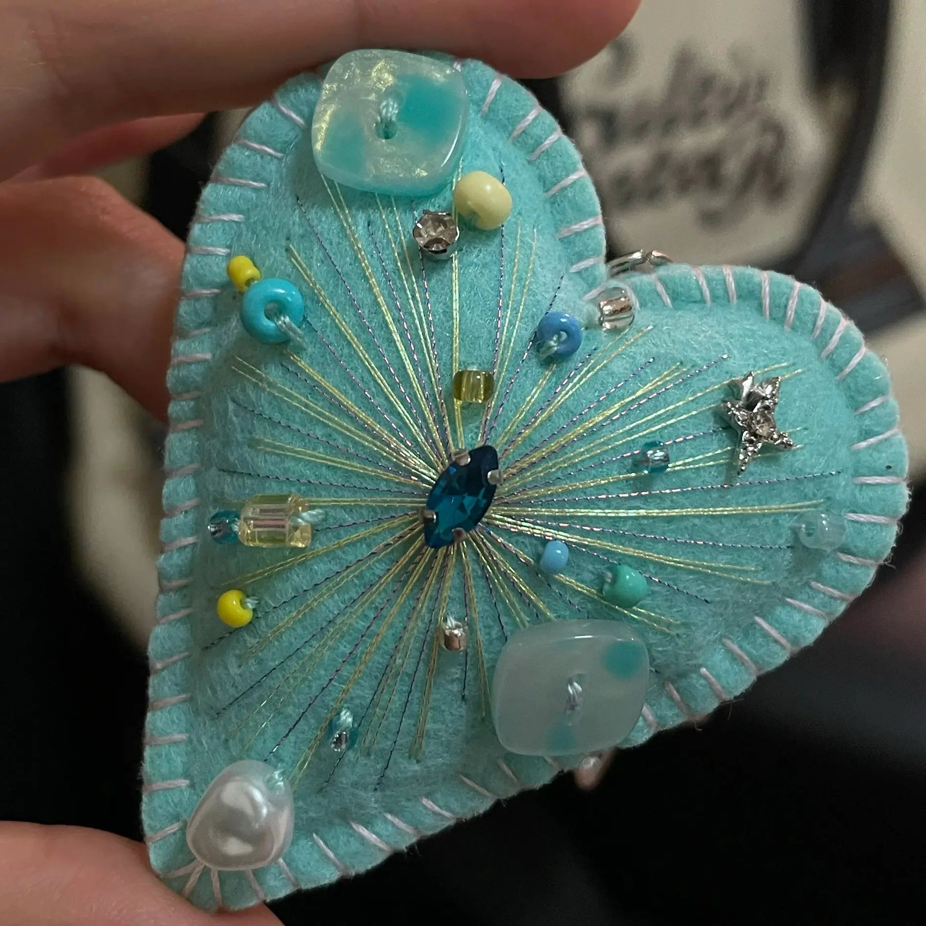 Handmade Turquoise Felt Heart Keychain | Whimsical Beaded Bag Charm