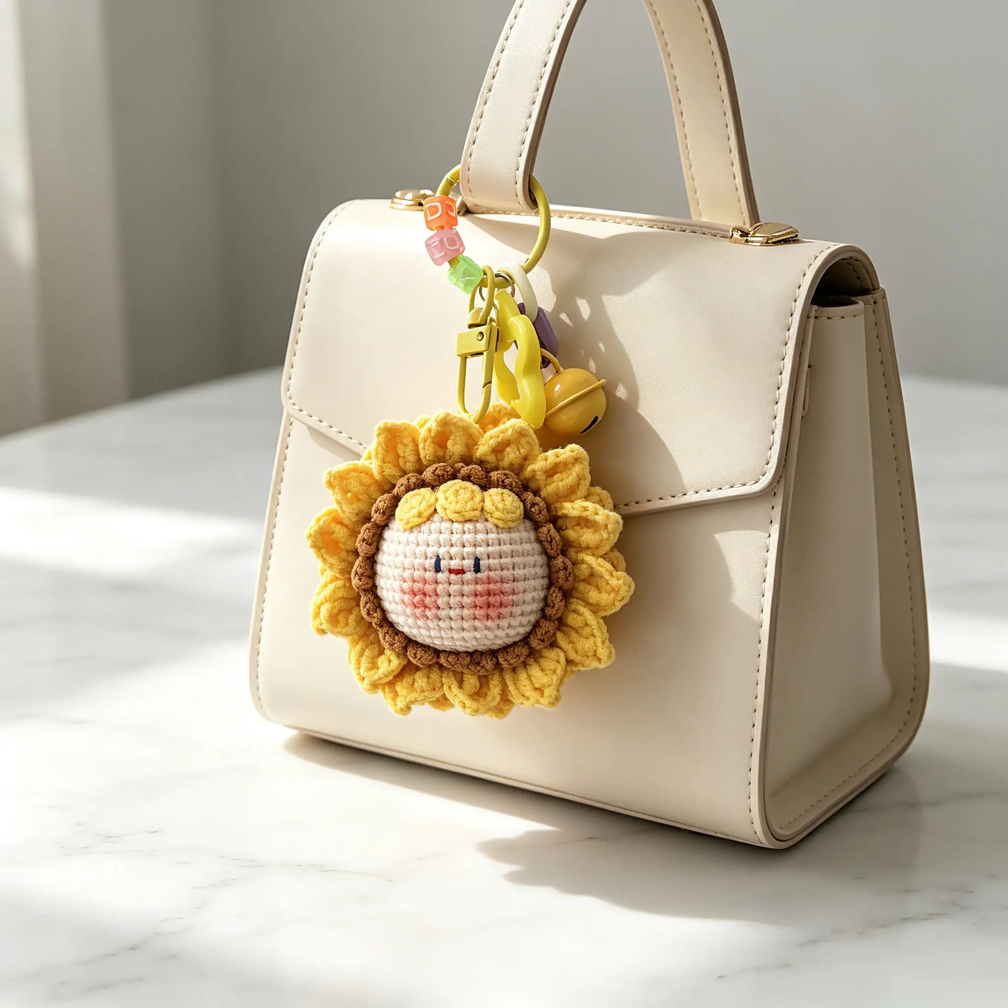 Handmade Crochet Sunflower Keychain, Kawaii Knitted Bag Charm, Unique Sweet Gift for Her