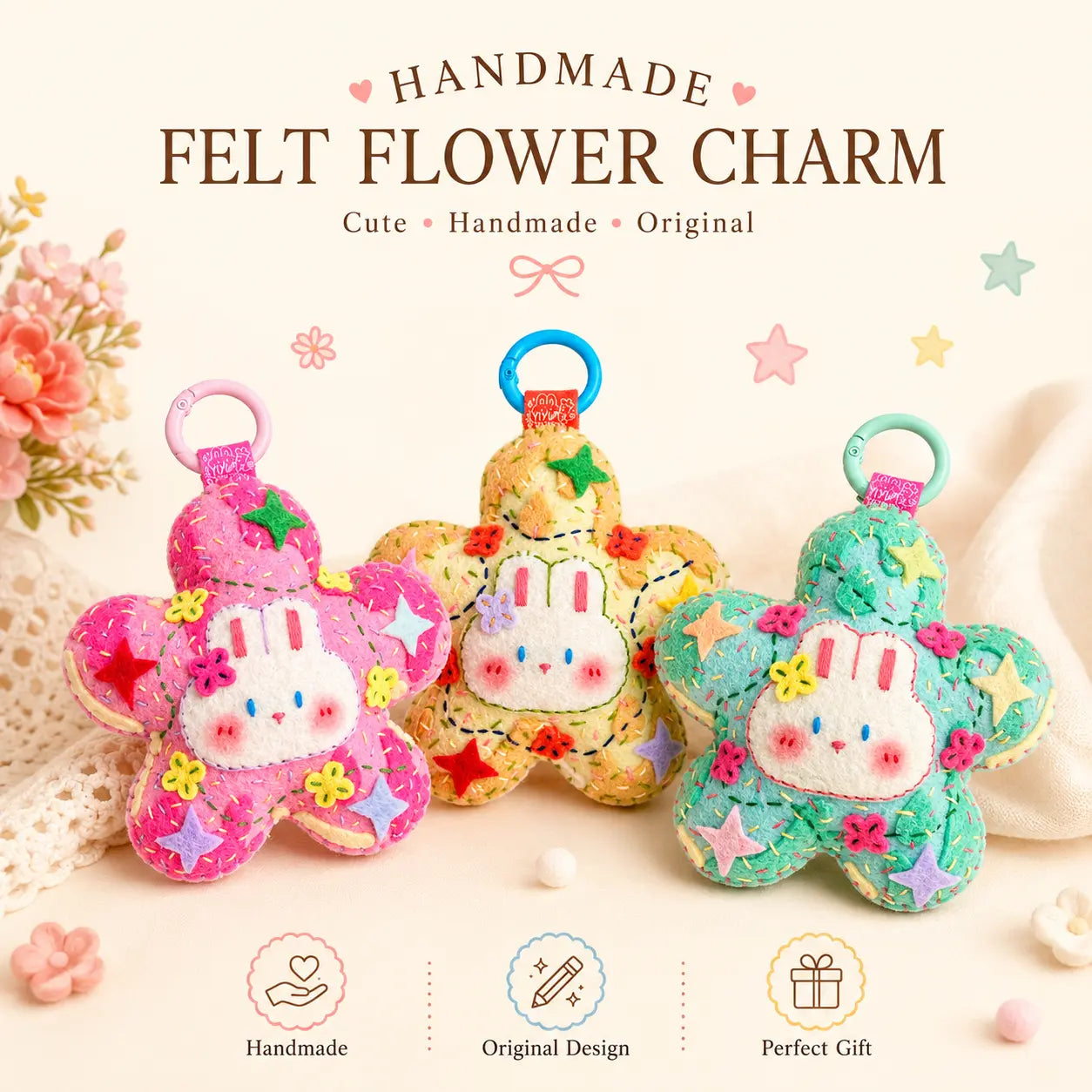 Handmade Felt Flower Charm | Original  Wool Flower Keychain / Bag Pendant