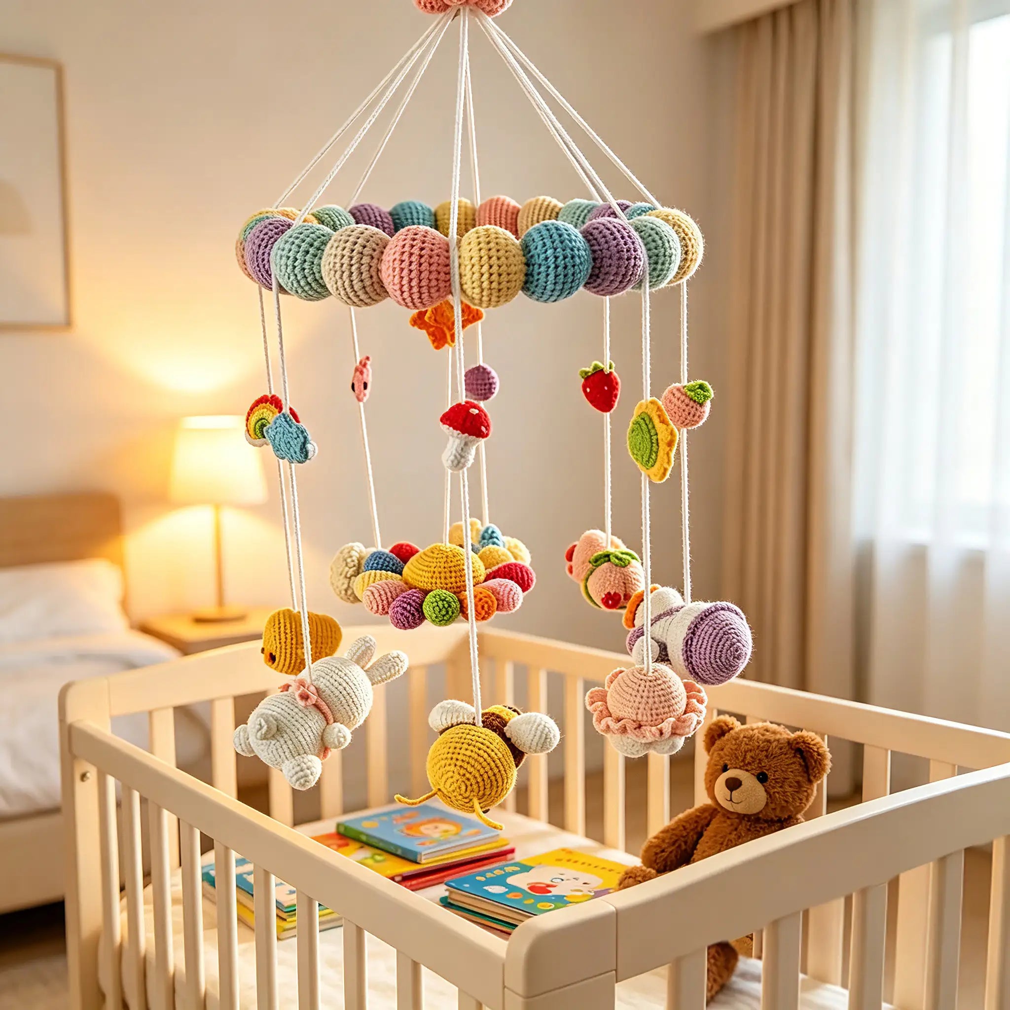 Handmade Crochet Animal Baby Crib Mobile, Newborn Soothing Toy, Nursery Decor Gift