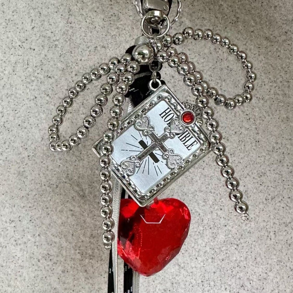 Handmade Gothic Bow Bag Charm with Blue/Red Heart Pendant
