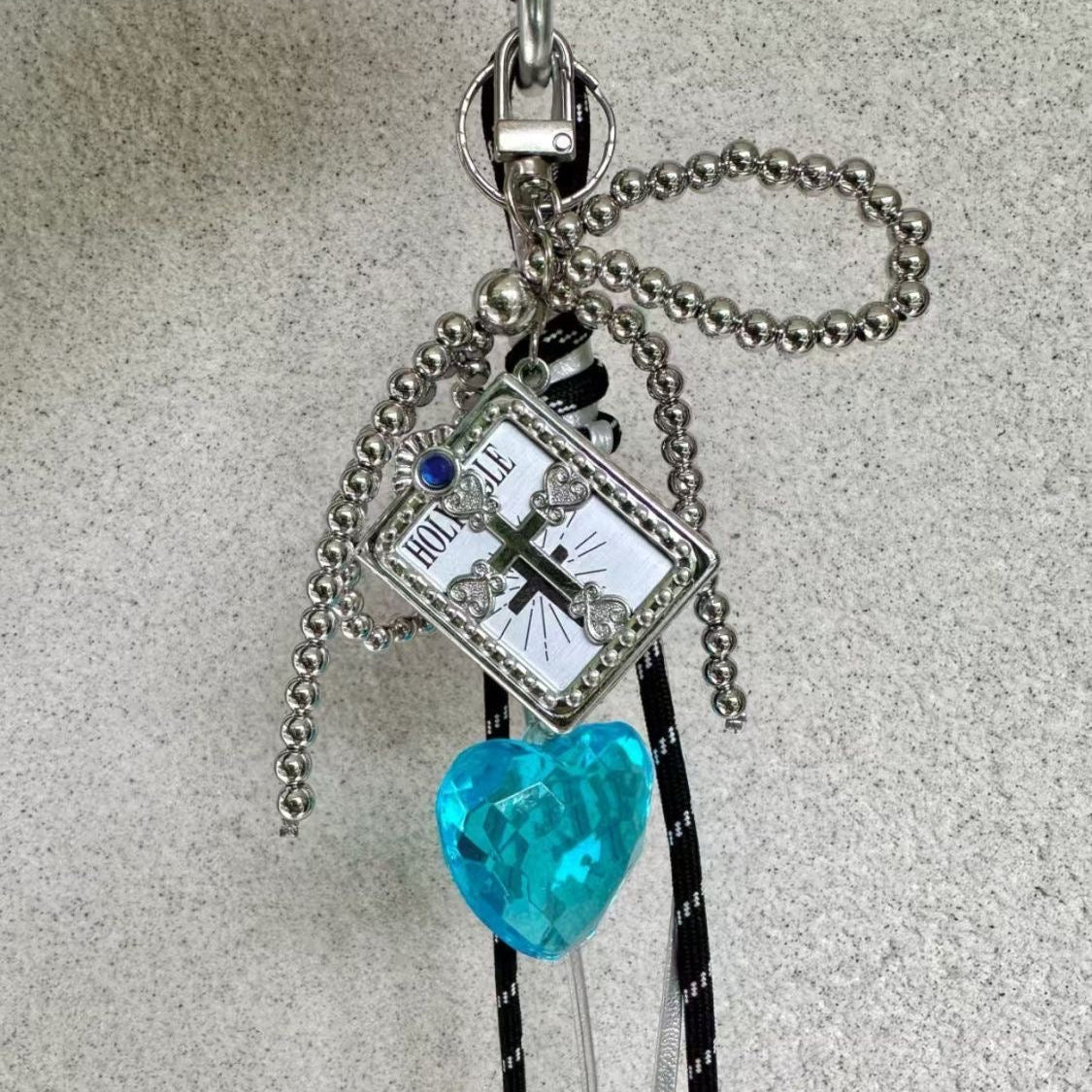 Handmade Gothic Bow Bag Charm with Blue/Red Heart Pendant