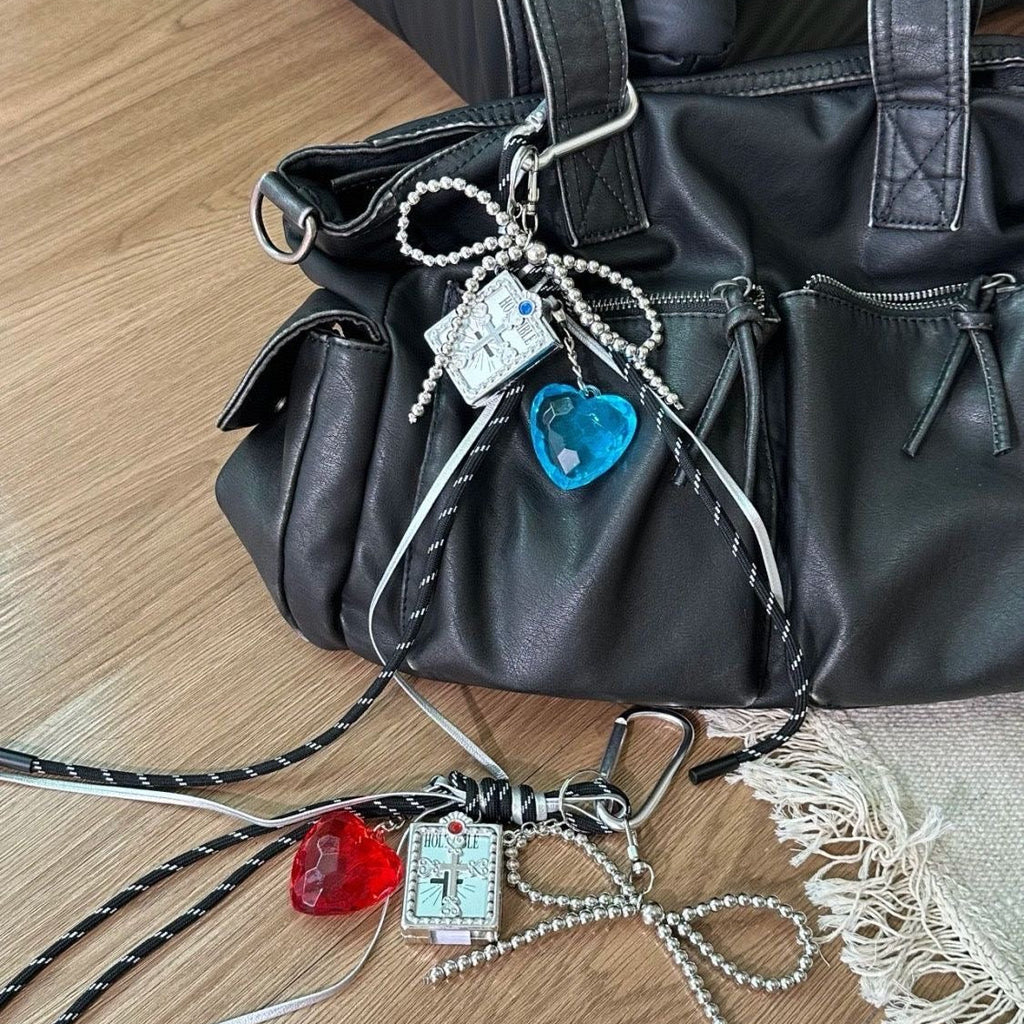 Handmade Gothic Bow Bag Charm with Blue/Red Heart Pendant