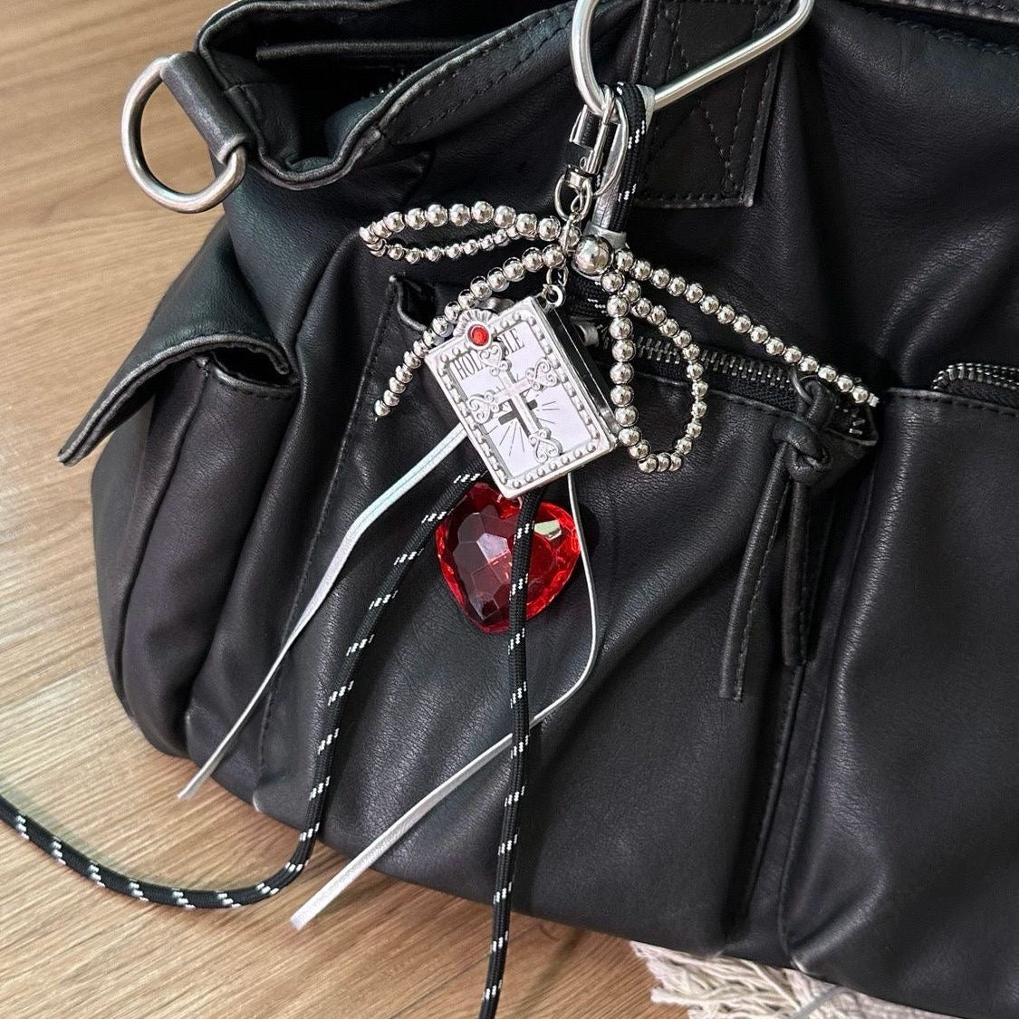 Handmade Gothic Bow Bag Charm with Blue/Red Heart Pendant