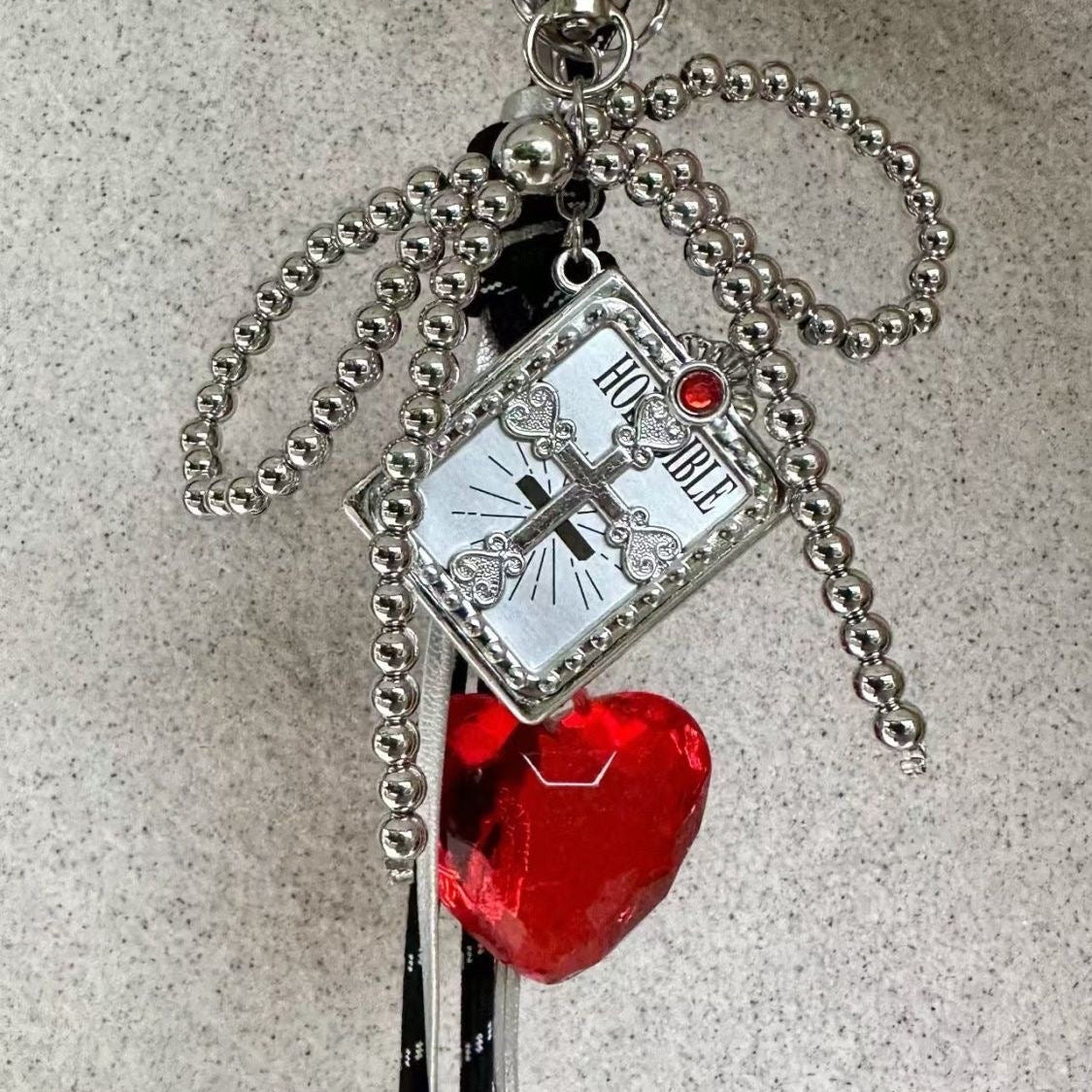 Handmade Gothic Bow Bag Charm with Blue/Red Heart Pendant