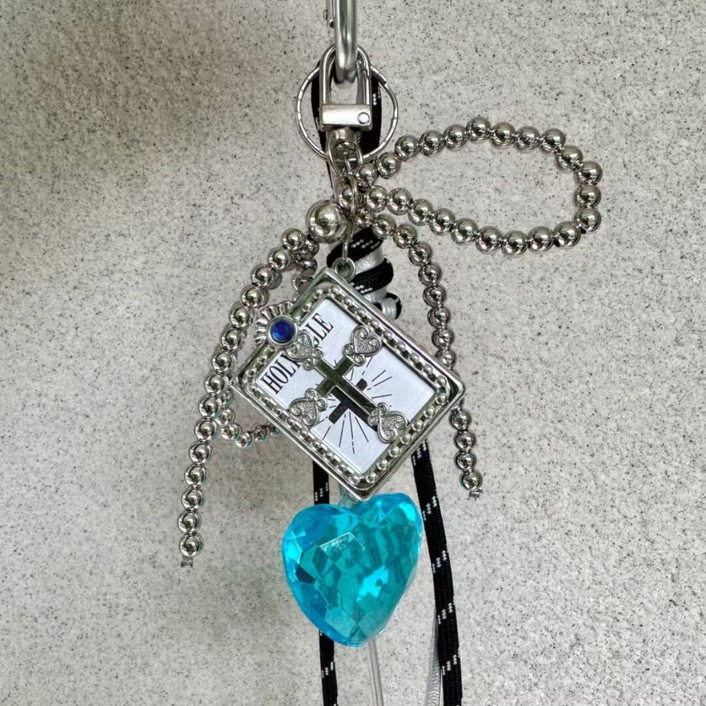 Handmade Gothic Bow Bag Charm with Blue/Red Heart Pendant