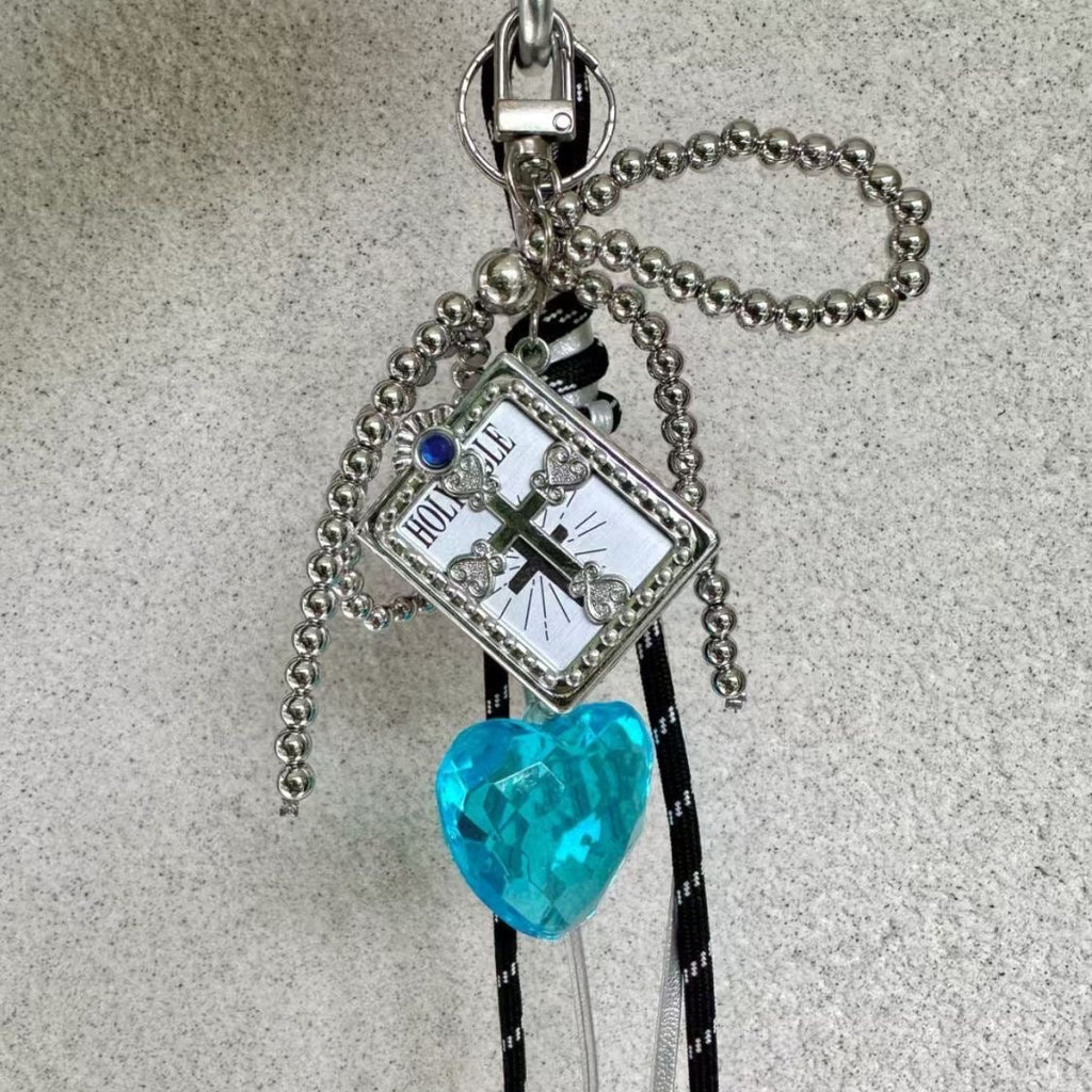 Handmade Gothic Bow Bag Charm with Blue/Red Heart Pendant