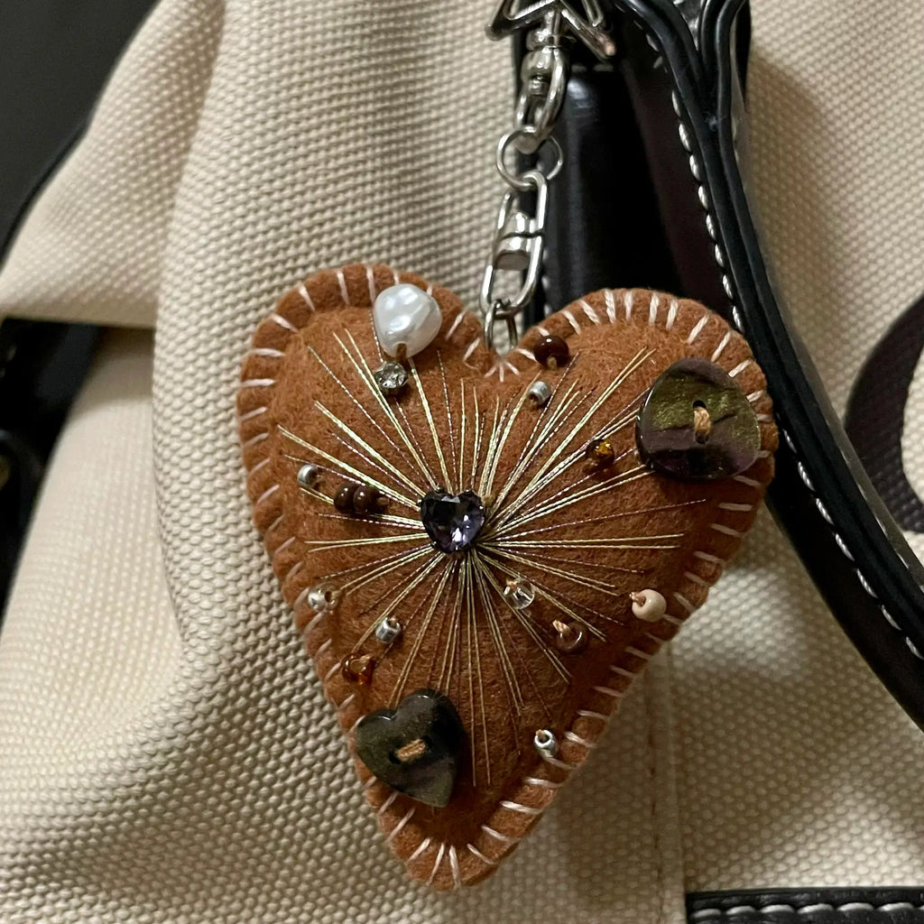 Handmade Brown Felt Heart Keychain | Boho Beaded Bag Charm
