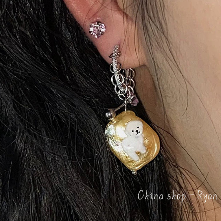 Handmade Puppy Stud Earrings S925 Silver | Cute Dog Earrings with Zircon