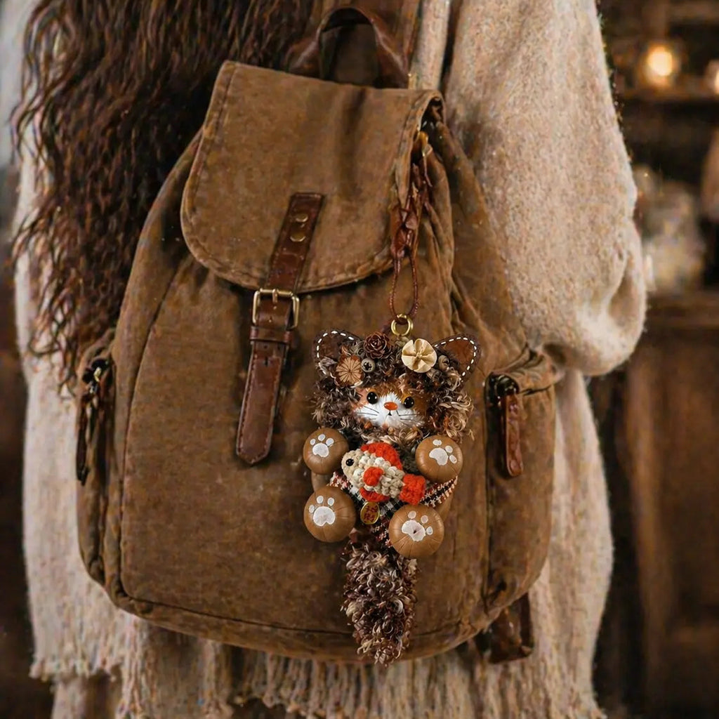 Handmade Bean Pod Cat Doll Keychain – Cute Fuzzy Bag Charm