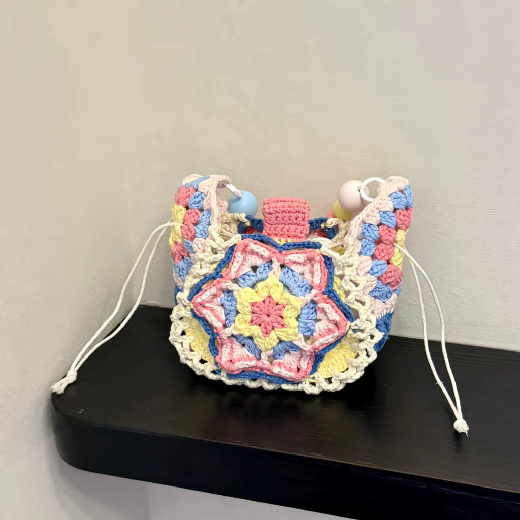Boho Hand‑Crocheted Hexagram   | Pastel Beaded Crossbody Pouch