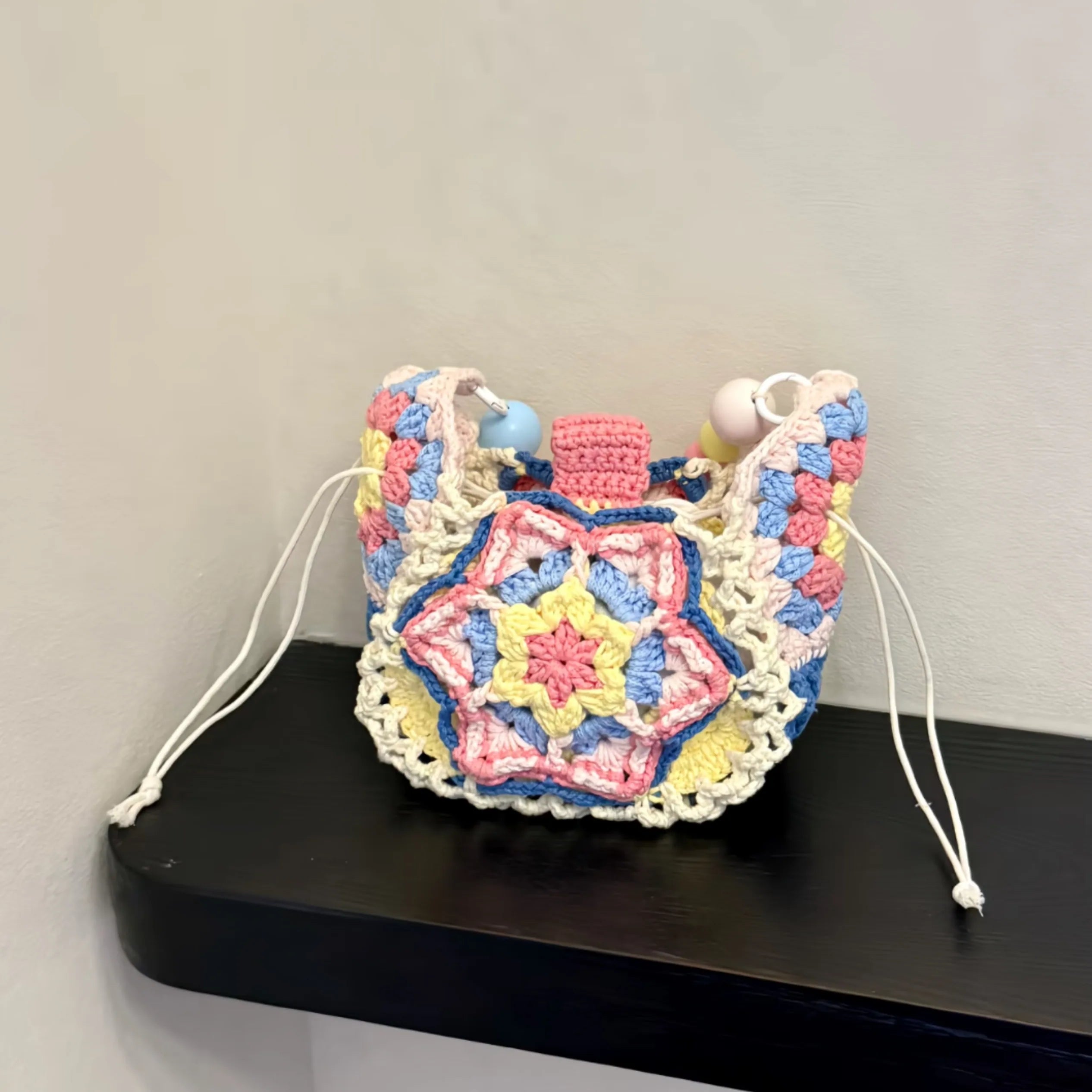 Boho Hand‑Crocheted Hexagram   | Pastel Beaded Crossbody Pouch