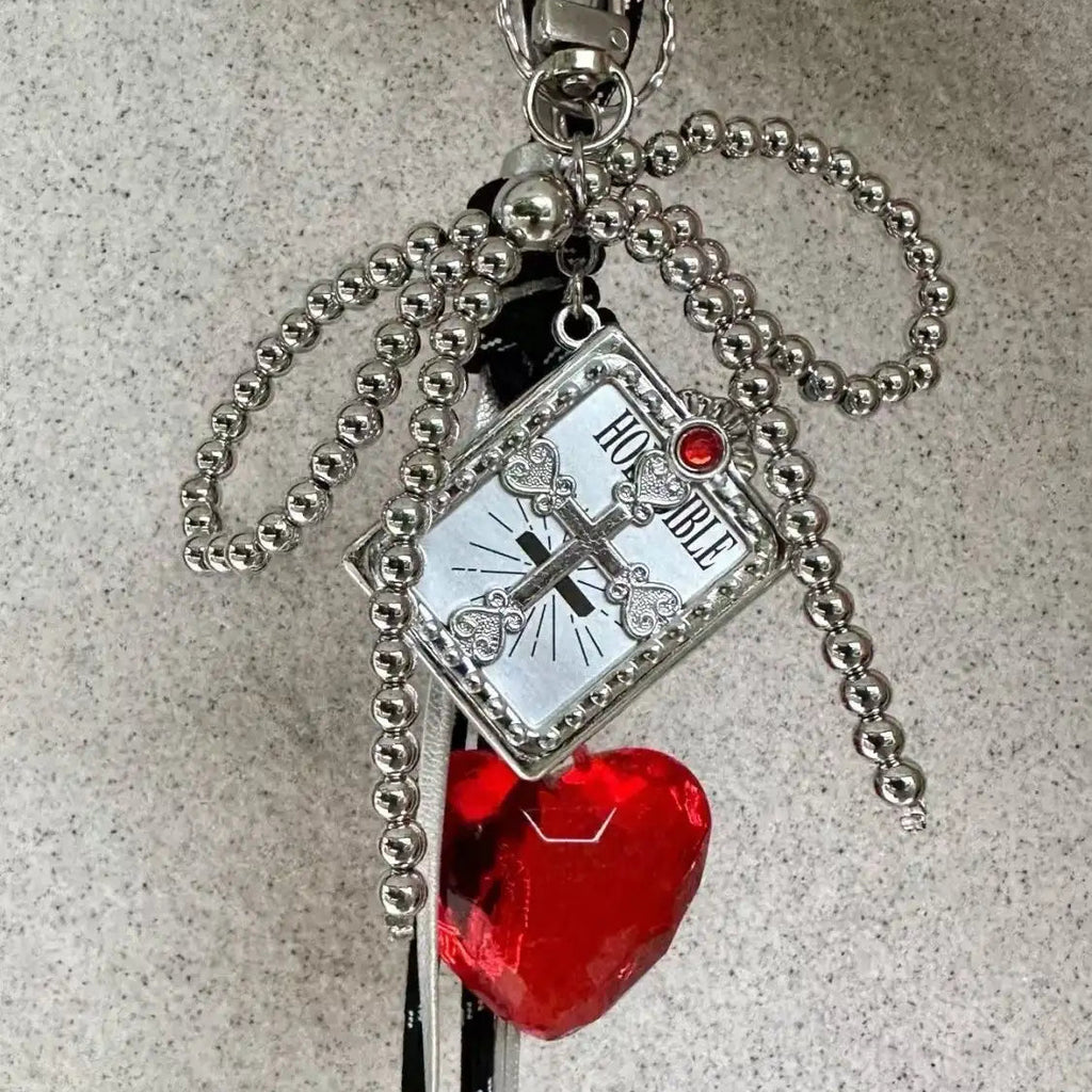 Handmade Gothic Bow Bag Charm with Blue/Red Heart Pendant