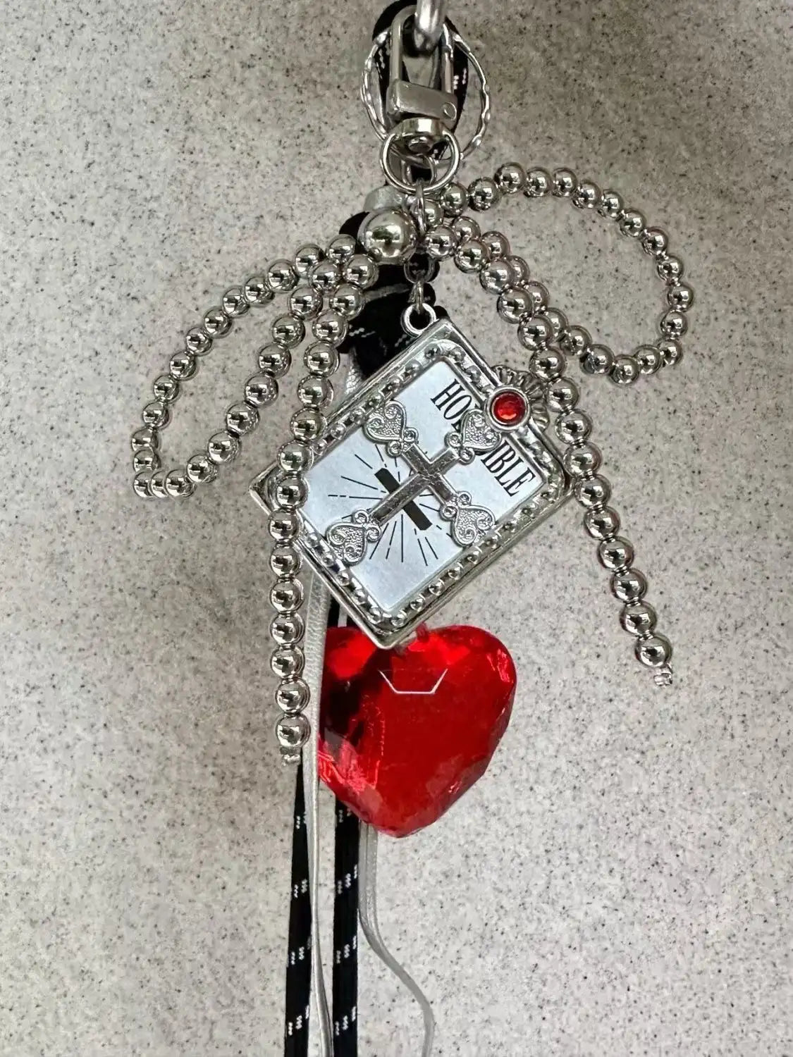 Handmade Gothic Bow Bag Charm with Blue/Red Heart Pendant